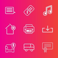 Premium set with outline vector icons. Such as sound, sign, melody, musical, home, bus, effect, internet, treble, strategy, web, interior, play, transport, printer, apartment, building, row, diploma