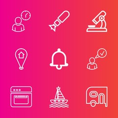 Premium set with outline vector icons. Such as research, online, alarm, hour, internet, microscope, cooking, notification, military, sea, boat, equipment, concept, office, location, minute, bomb, pin