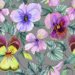 Beautiful large purple and yellow viola flowers with green leaves on gray background. Seamless botanical floral pattern. Watercolor painting. Hand painted floral illustration. - 203388900