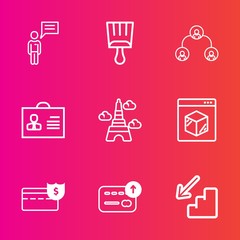 Premium set with outline vector icons. Such as communication, eiffel, bank, grunge, delivery, element, company, landmark, paris, social, structure, paintbrush, team, shape, corporate, person, down, up