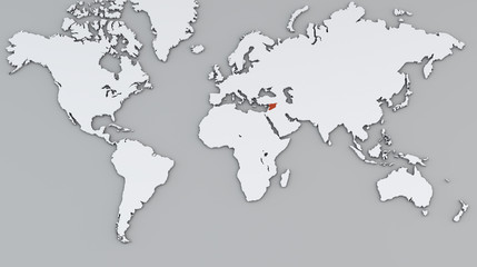 Cartina mondo bianca, stato della Siria in rosso, cartina geografica, cartografia, atlante