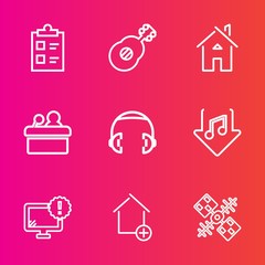 Premium set with outline vector icons. Such as public, real, list, audio, architecture, speaker, warning, new, house, tick, musical, monitor, property, white, download, computer, desktop, equipment