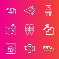 Premium set with outline vector icons. Such as chair, internet, white, plane, map, business, graduation, comfortable, room, upstairs, home, telephone, aircraft, location, down, cell, jet, transport,