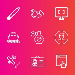 Premium set with outline vector icons. Such as music, water, computer, flight, perfume, plane, jazz, brass, travel, woman, instrument, bugle, beauty, internet, person, aircraft, musical, stationery