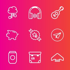 Premium set with outline vector icons. Such as computer, sound, sky, extreme, parachute, jump, earphone, audio, professional, white, network, communication, aluminum, tin, cloud, pretty, money, stereo