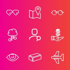 Premium set with outline vector icons. Such as sight, cloud, eye, tree, life, building, human, navigation, construction, material, technology, eyesight, airplane, growth, plane, communication, optical