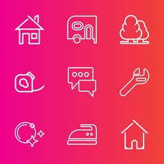 Premium set with outline vector icons. Such as vehicle, house, construction, ironing, clothes, electrical, star, landscape, transportation, tape, tool, car, business, repair, home, cargo, bubble, chat