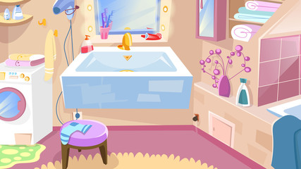 Cartoon Bathroom. Bathroom Interior with bathtub, faucet toilet sink, mirror. Vector illustration