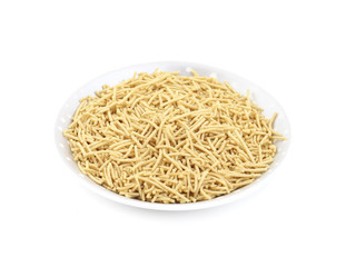 Indian Namkeen Food Aloo Sev also know as namkin and nimco a popular crisp savory snack made from mashed potatoes, chickpea flour and spices. isolated on white background