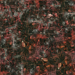 Seamless black grunge texture of crumpled paper with red imprints.