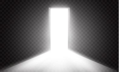 Open the door in a dark room with light passing through it. Light enters through the gap on a transparent background