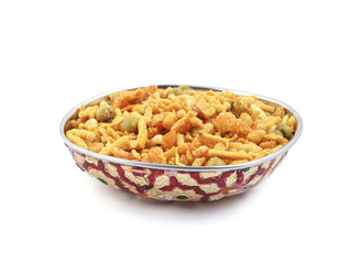 Indian Tasty Mix Namkeen Also Know as Namkin, Nimco and Mixture isolated on white background