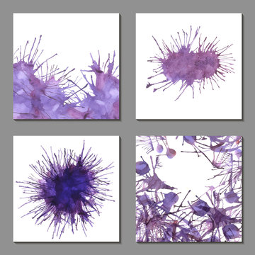 Set of templates for square cards with blue ink watercolor blots.