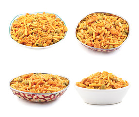 Indian Tasty Mix Namkeen Collection Also Know as Namkin, Nimco and Mixture isolated on white background