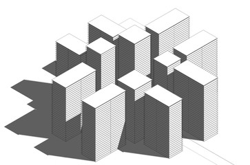 Fototapeta premium 3d illustration. Side view from a distance on a modern development with skyscrapers. Line black and white graphics with shadows.