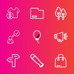 Premium set with outline vector icons. Such as baseball, retail, paper, trunk, bat, way, cost, document, forest, file, shop, air, buy, landscape, voice, holiday, price, loud, balloon, nature, complete