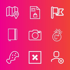 Premium set with outline vector icons. Such as red, book, note, list, textbook, camera, map, photo, user, scale, thermometer, market, account, national, meal, country, snack, store, nation, shopping