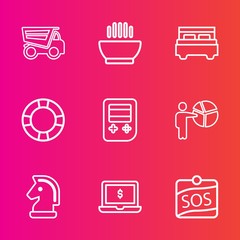 Premium set with outline vector icons. Such as business, horse, screen, summer, label, interior, transport, web, arrow, businessman, game, dinner, bed, water, meeting, computer, lorry, car, button