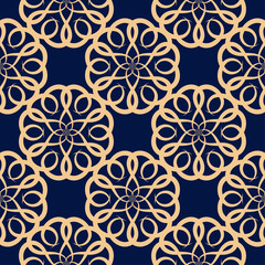 Golden floral element on dark blue background. Seamless pattern