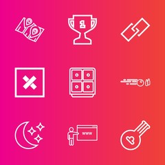 Premium set with outline vector icons. Such as win, interface, string, winner, musical, go, hyperlink, first, ribbon, victory, bank, achievement, road, hobby, money, element, competition, closed, sky