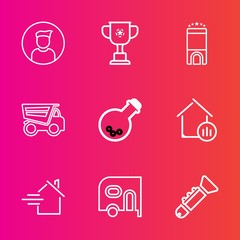 Premium set with outline vector icons. Such as cup, trophy, transportation, hotel, business, social, winner, rent, people, room, medicine, home, tipper, champion, victory, person, real, profile, house