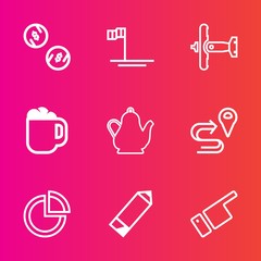 Premium set with outline vector icons. Such as mug, coffee, navigation, cortes, pie, sea, map, drink, direction, chart, military, presentation, finance, sea of cortes, cafe, bank, kitchen, beach, tea