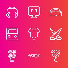 Premium set with outline vector icons. Such as hit, cute, backdrop, studio, building, web, sport, background, beacon, stereo, strike, business, headphone, button, spotlight, travel, internet, pc, ball