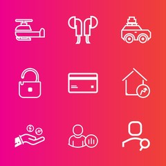 Premium set with outline vector icons. Such as audio, online, coin, device, aviation, house, profile, business, web, increase, flight, computer, debit, car, home, protection, helicopter, bag, card