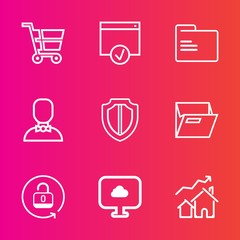 Premium set with outline vector icons. Such as person, social, security, trolley, property, protection, safe, house, blank, market, shield, people, paper, lock, home, folder, unlock, guard, approve