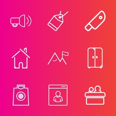 Premium set with outline vector icons. Such as kitchen, house, interior, megaphone, internet, meeting, speaker, black, gift, nature, communication, knife, conference, male, cut, element, tag, building