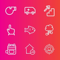 Premium set with outline vector icons. Such as modern, upstairs, fish, price, white, bag, downstairs, cloud, seafood, down, transportation, customer, button, equipment, communication, estate, game, up
