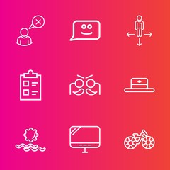Premium set with outline vector icons. Such as face, holiday, landscape, chat, place, head, cap, party, road, cartoon, hat, carnival, checklist, sign, laptop, connection, wheel, network, check, cancel