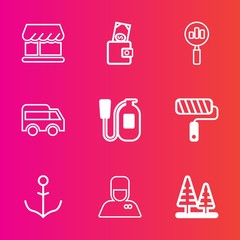Premium set with outline vector icons. Such as cash, environment, direction, tool, uniform, nautical, brush, hotel, safety, fire, search, roll, market, modern, landscape, bellhop, move, emergency, bus