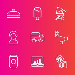 Premium set with outline vector icons. Such as journey, human, trip, can, container, computer, suitcase, internet, fun, graphic, location, point, left, baggage, summer, chart, tin, vacation, bbq, sky