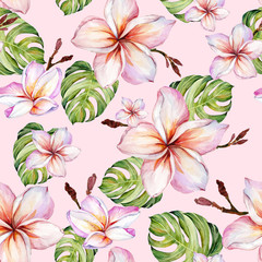 Exotic plumeria flowers and green monstera leaves on pink background in seamless tropical pattern. Watercolor painting.