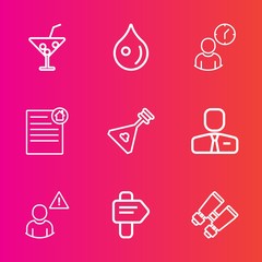 Premium set with outline vector icons. Such as ice, contract, musical, party, drop, hour, way, cocktail, cold, work, droplet, string, time, direction, vision, folk, business, real, job, water, liquid