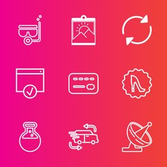 Premium set with outline vector icons. Such as technology, money, page, white, car, underwater, border, sea, image, equipment, beach, transportation, picture, laboratory, frame, snorkeling, photo, art