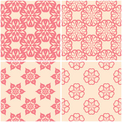 Floral patterns. Set of beige and red seamless backgrounds
