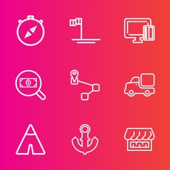 Premium set with outline vector icons. Such as shopping, find, transportation, blue, ocean, direction, business, search, mexico, baja, travel, view, nature, north, south, payment, lorry, east, card