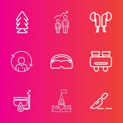 Premium set with outline vector icons. Such as green, medieval, mask, profile, operation, summer, architecture, snorkel, environment, water, wood, nature, refresh, landscape, growth, development, pine
