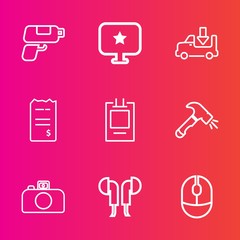 Premium set with outline vector icons. Such as money, pistol, badge, shovel, photography, mouse, freight, bill, paper, lorry, delivery, click, device, cargo, audio, shipping, platform, sound, gun, pay