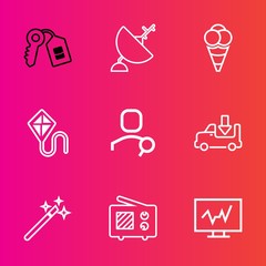 Premium set with outline vector icons. Such as search, magician, medicine, wizard, transport, wand, sky, lorry, shipping, magic, scoop, communication, dish, computer, cold, house, transportation, joy