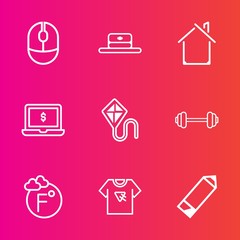 Premium set with outline vector icons. Such as joy, thermometer, fahrenheit, pencil, estate, laptop, head, scale, summer, object, workout, print, computer, typography, gym, kite, building, pen, cap