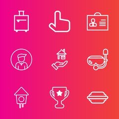 Premium set with outline vector icons. Such as winner, woman, male, burger, luggage, internet, water, wooden, property, bird, achievement, hamburger, food, birdhouse, man, sign, suitcase, first, mask