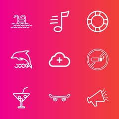 Premium set with outline vector icons. Such as healthy, swimming, addiction, nature, abstract, summer, swim, loudspeaker, skateboard, skate, cocktail, cigarette, glass, no, extreme, animal, internet