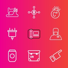 Premium set with outline vector icons. Such as scale, investment, metal, dollar, currency, pretty, electricity, office, sew, fahrenheit, uniform, money, bellhop, fashion, machine, finger, temperature