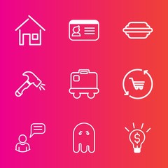 Premium set with outline vector icons. Such as shop, architecture, chat, airport, travel, home, shovel, communication, tomato, construction, building, house, security, person, burger, fear, baggage