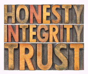 honesty, integrity, trust word abstract in wood type