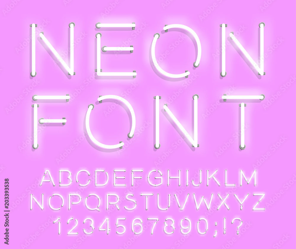 Poster set of letters in neon style. vector font with light effect. set of letters, numbers, text and font.