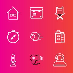 Premium set with outline vector icons. Such as female, furniture, rocket, astronaut, fan, phone, technology, spacesuit, house, business, one, passenger, chair, spaceship, property, professional, east